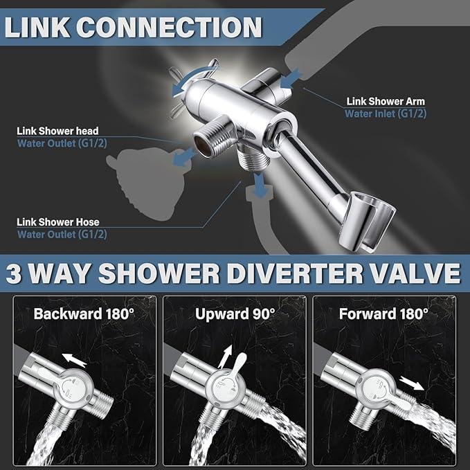 YDmeet All Metal Shower Diverter Valve with HandShower Holder - Upgraded 3 Way Shower Head for Handheld and Fixed Rain Showerhead - Universal G1/2 Bathroom Part, Polished Chrome - ModernBath