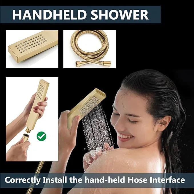 Aolemi Shower Faucet Set Rain Shower System with Handheld Spray Bathroom Shower Combo Rough-in Valve and Shower Trim Kit Included Brushed Gold 16 Inch Wall Mount Shower Head - ModernBath