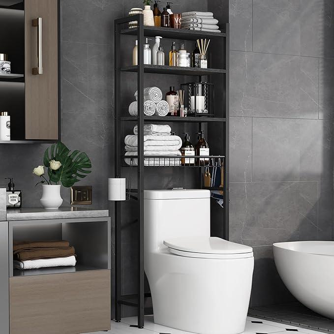 Over-The-Toilet Storage Rack, 4-Tier Bathroom Organizer Shelf Over Toilet with Adjustable Shelf and Basket, Freestanding Space Saver Bathroom Shelves Above Toilet for Room (Pure Black) - ModernBath