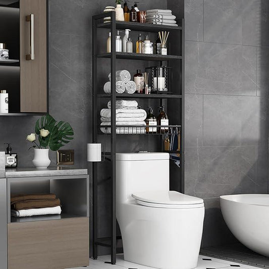 Over-The-Toilet Storage Rack, 4-Tier Bathroom Organizer Shelf Over Toilet with Adjustable Shelf and Basket, Freestanding Space Saver Bathroom Shelves Above Toilet for Room (Pure Black) - ModernBath
