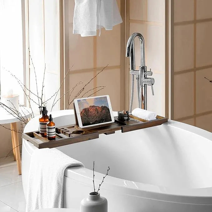 Realgulf Teak Bathtub Tray | Adjustable Width Tray with Wine Holder, Tablet/Phone & Book Stand, Splash-Proof for Bath Time- Walnut - ModernBath