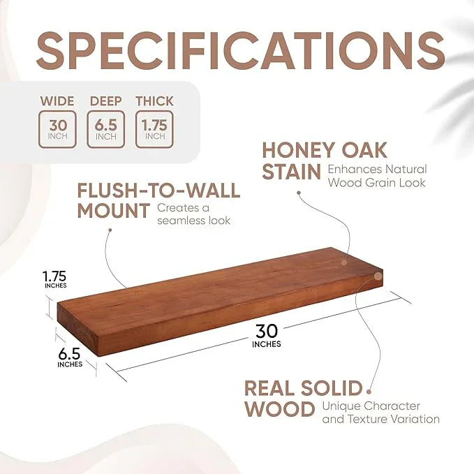 Homeforia Oak Floating Shelves 30 inch Long, High End Solid Real Wood 30inch Floating Shelves for Wall Mounted, Honey Oak Wooden 30in Floating Shelf, Heavy Duty Bracket, 30 X 6.5 X 1.75 in, Set of 4 - ModernBath