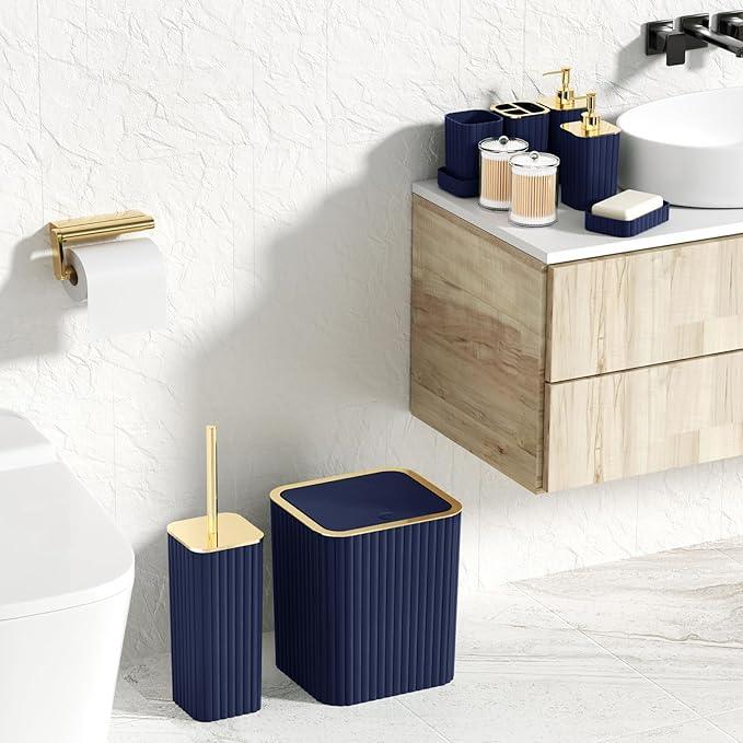 XLHOMO Bathroom Accessories Set - Gorgeous Bathroom Set, 10PC Navy Blue Bathroom Accessory Set, Toilet Brush, Trash Can, Qtip Holder Dispenser & Soap Dispenser - ModernBath