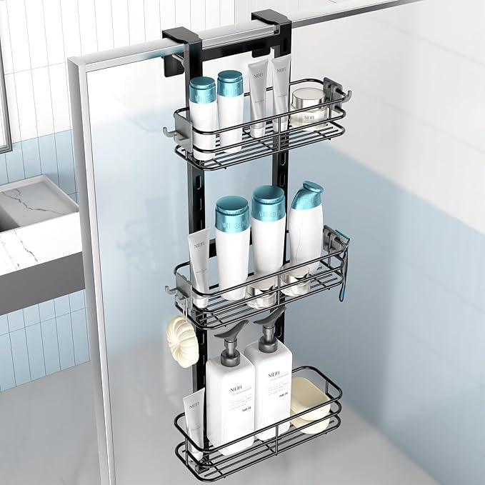 Nieifi Over The Door Shower Caddy Pantry Organizer Rack with Reliable Hooks, Sturdy Hanging Shower Organizer Shelf Basket Storage Rack, Bathroom Shelves Drill Free Extra Large, Black - ModernBath