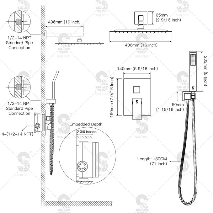 SR SUN RISE Polished Chrome Square Rainfall Shower Head and Handle Set, Wall Mounted Shower Fixtures, Metal Shower Faucet Trim Repair Kits (With Shower Valve) 16 Inches - ModernBath