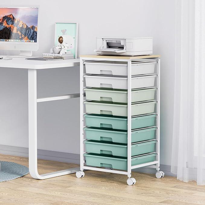 Rolling Storage Utility Cart Organizers with 8 Drawers and Wooden Tabletop for Living Room,Office,Classroom,Craft Room,Bedroom,Dorm,Green - ModernBath