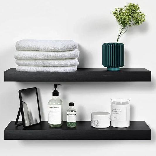 Homeforia Black Floating Shelves 24 inch, High End Solid Real Wood 24inch Bathroom Floating Shelf for Wall Mounted, Black Wooden 24in Floating Shelves, Heavy Duty Bracket, 24 X 6.5 X 1.75 in, Set of 2 - ModernBath