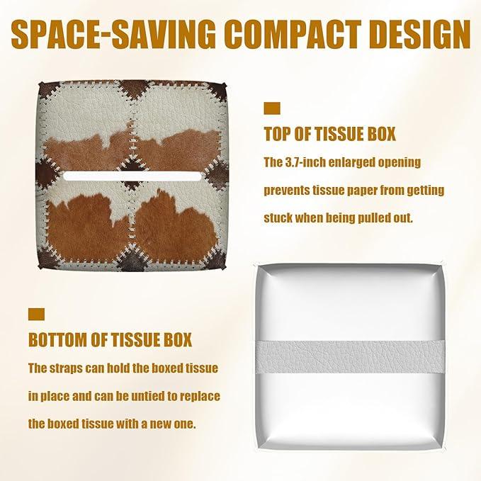 Brown Cowhide Tissue Box Cover 2PCS, Cow Skin Leather Tissue Box Holder Square Facial Paper Case Tissue Box Cube Organizer for Bathroom Bedroom Desk Office - ModernBath