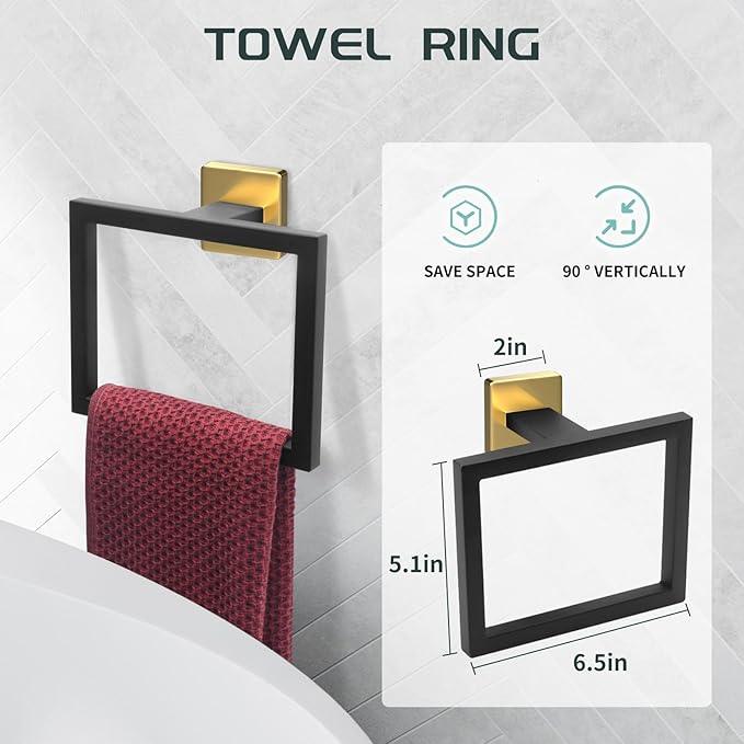 7-Piece Bathroom Set - Black & Gold Accessories Set - Square Towel Bar 2x23'', Hand Towel Rack, Toilet Paper Holder, 3x Towel Hook, Bathroom Hardware - ModernBath