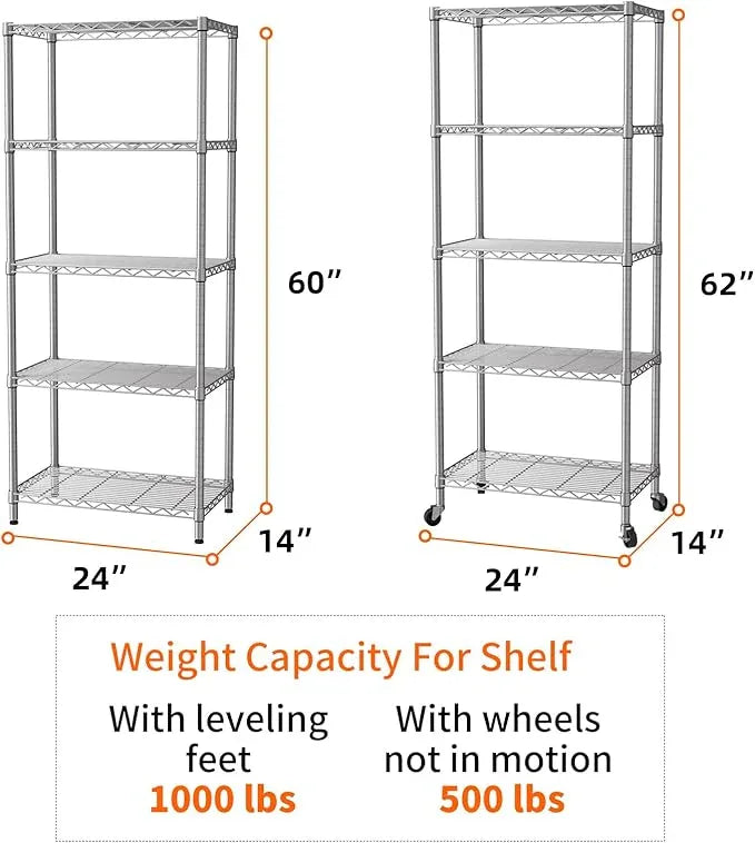 SINGAYE 5 Shelves Storage Shelf Wire Closet Bathroom Organizers Metal Pantry Kitchen Garage Shelving Unit Laundry Room Organization Home Rack Net Basket White with Wheels - ModernBath