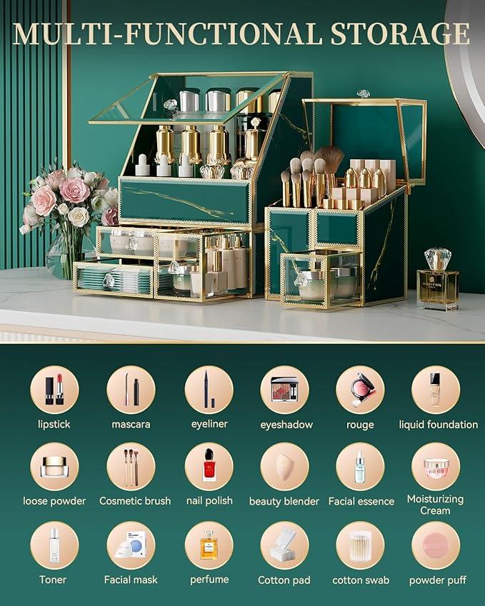 CoralHouse Makeup Organizer Green– Large Vanity Organizer for Skincare, Lipsticks, Perfume & Brushes – Countertop Cosmetic Storage Box for Women, Bathroom or Dresser. - ModernBath