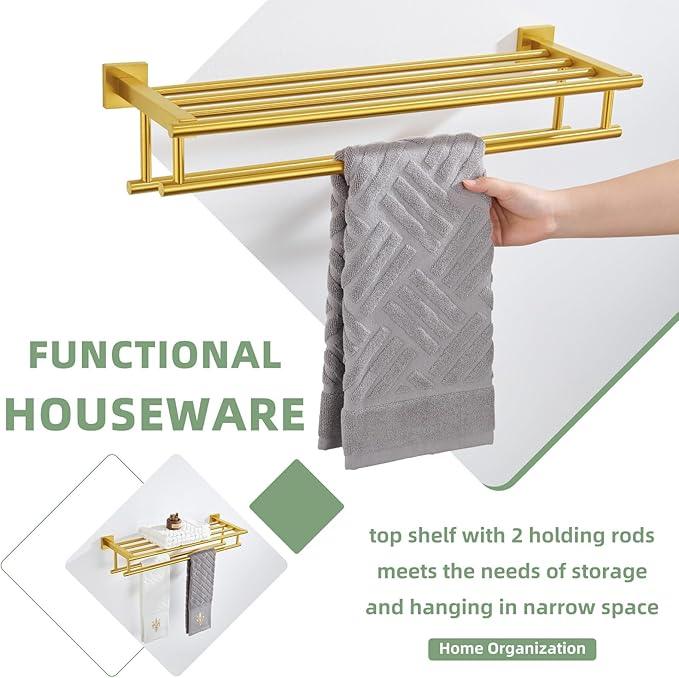 Bathroom Towel Shelf with Holder, Angle Simple SUS304 Stainless Steel Bath Towel Rack with Double Towel Bar, Wall Mount, Brushed Gold 23.62 Inches - ModernBath