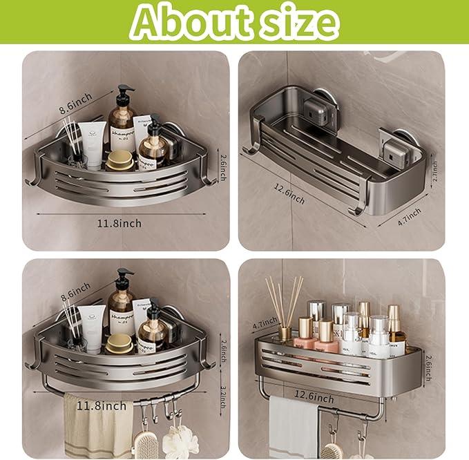 Shower Caddy Suction Cup, No Drilling Rustproof Bathroom Shower Shelf,Hanging Corner Shower Shelves with 6 Portable Hooks, Removable Bath Organizer with Towel Bar for Bathroom Storage(Gray) - ModernBath