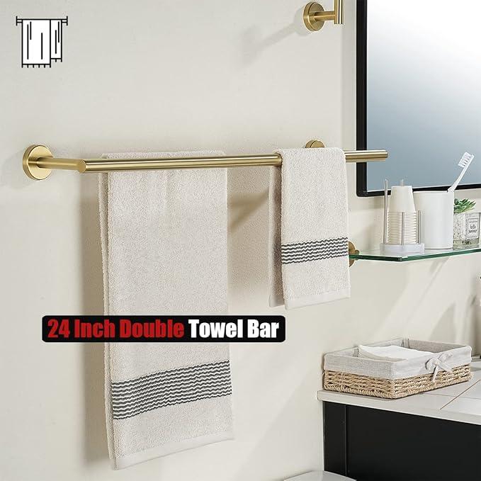 JQK Double Towel Bar 27 Inch, Brass Gold Useable Length 24 Inch 304 Stainless Steel Thicken 0.8mm Bath Towel Rack for Bathroom, Towel Holder Wall Mount, TB100L24-BG - ModernBath
