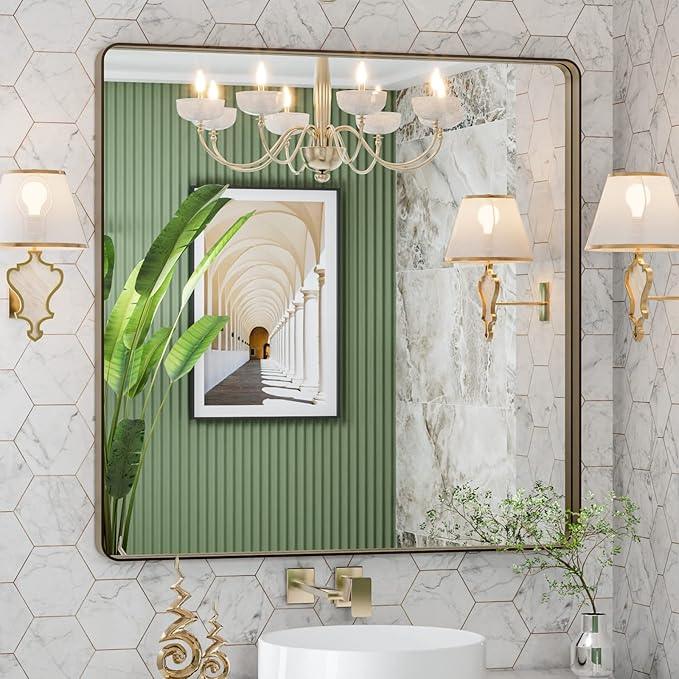 LOAAO 36”X36” Bronze Bathroom Mirrors for Vanity, Rounded Rectangle Brushed Bronze Metal Frame Mirror, Anti-Rust, Tempered Glass, Hangs Horizontally or Vertically - ModernBath