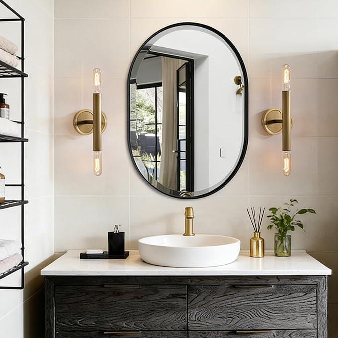 POZINO Black Oval Mirror, Modern Beveled Mirror for Over Sink, 22"x30" Rounded Rectangle Mirrors, Oblong Vanity Wall Mirrors in Premium Stainless Steel Frame, Hangs Horizontal Or Vertical - ModernBath