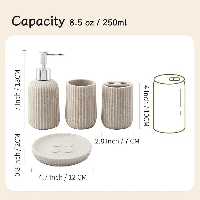 SEICASAYA 4-Piece Bathroom Accessory Set - Modern Resin & Sandstone Collection - Includes Soap Dispenser 8.5oz, Toothbrush Holder, Tumbler, Soap Dish (Beige) - ModernBath