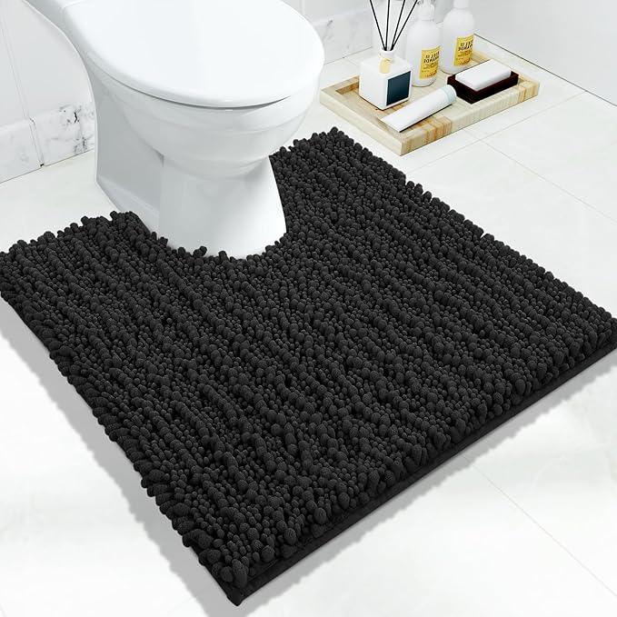 Yimobra Toilet Rug U Shaped Washable 24x24 Inch - Ultra Soft Absorbent Chenille Bath Rugs for Toilet, Quick Dry & Machine Washable, Non Slip Contour Bathroom Mat, Black - ModernBath