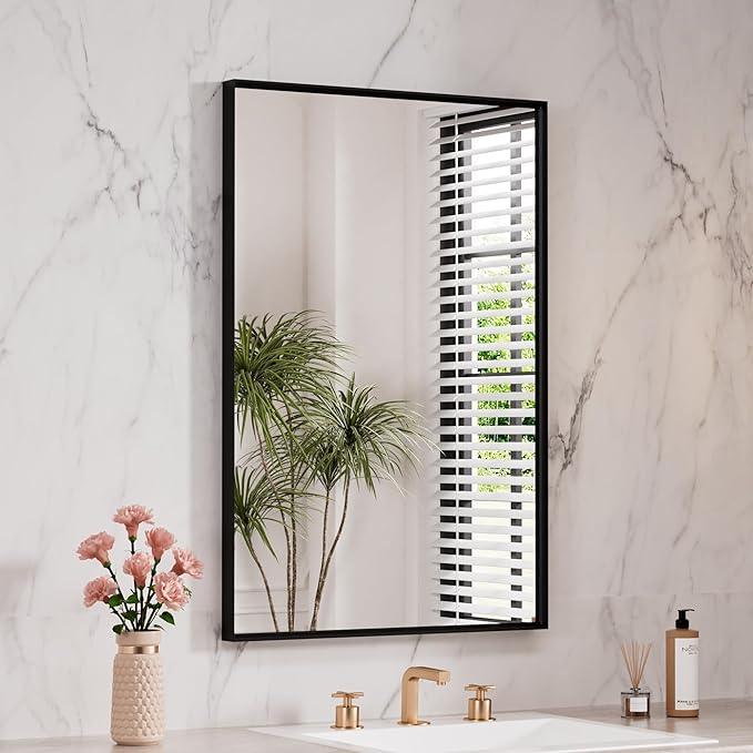 LOAAO Black Bathroom Mirror 28"X32" for Wall, Rectangle Bathroom Vanity Mirror, Hangs Vertically or Horizontally, Easy to Install, Modern Design - ModernBath
