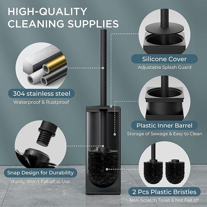 FORIOUS Toilet Brush and Holder Set, Heavy Duty 304 Stainless Steel Base Square and Long Handle for Bathroom Deep Cleaning, Drip-Proof, Space Saving for Storage, 2 Toilet Bowl Brush Head, Black - ModernBath