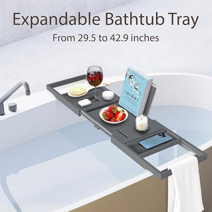 Wooden Bathtub Tray - Foldable & Expandable Bamboo Bath Tray for Tub with Wine Holder, Book & Tablet Stand - Bath Caddy Tray for Bathtub, Spa Bath Accessories, Tub Tray Table, Gift Idea for Her (Gray) - ModernBath