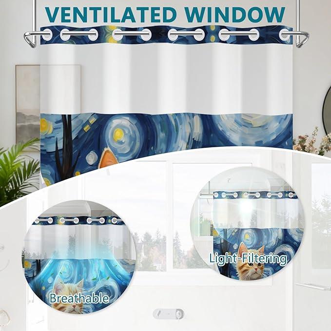 Starry Night Cat Cute Shower Curtain, No Hook Cat Shower Curtain with Weighted Snap in Liner, Waterproof Shower Curtains for Bathroom, Translucent Top Window Design, Gifts for Cat Lovers, 71x74 Inches - ModernBath