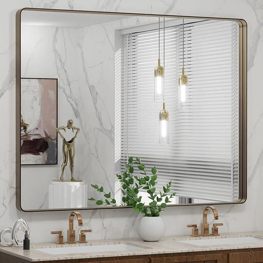 LOAAO 48”X36” Bronze Bathroom Mirrors for Vanity, Rounded Rectangle Brushed Bronze Metal Frame Mirror, Anti-Rust, Tempered Glass, Hangs Horizontally or Vertically - ModernBath