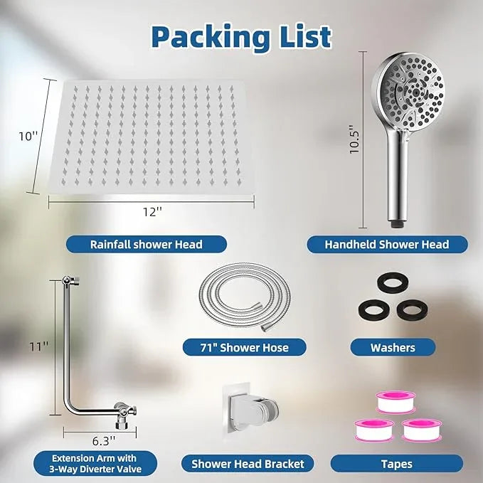 12" All Metal Shower Head, High Pressure Rainfall Shower Head/Handheld Showerhead Combo with 11" Adjustable Shower Extension Arm, 71" Hose, Shower Head Holder, Chrome - ModernBath