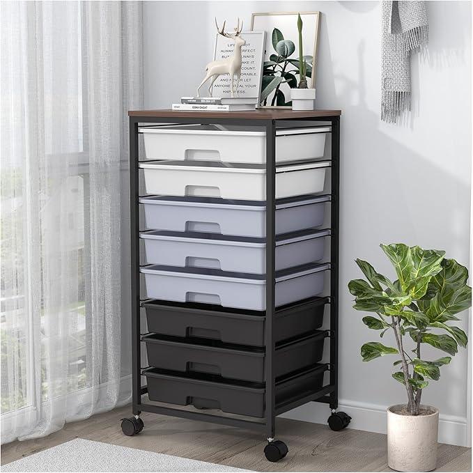 Rolling Cart with Drawers,Utility Cart With 8 Drawers and Wooden Tabletop for Living Room,Classroom,Bedroom,Bathroom,Dorm,Office,Dark Grey - ModernBath