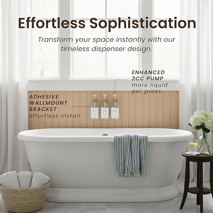 MaisoNovo Shampoo and Conditioner Dispenser - Shower Soap Dispenser Wall Mounted - 16.9 fl oz Set of 3 Clear Plastic Bottles White Bamboo Pump - Shampoo Dispenser, Shower Dispenser 3 Chamber No Drill - ModernBath