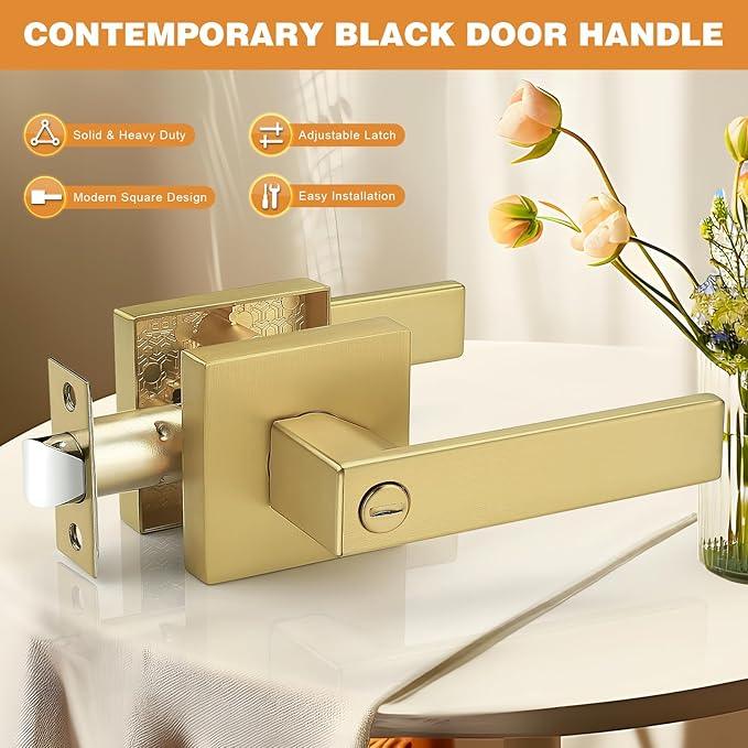 Probrico Gold Privacy Door Handle Lockset Heavy Duty Interior Door Lever for Bedroom Reversible Keyless Handleset Door Knob 2 Pack - ModernBath