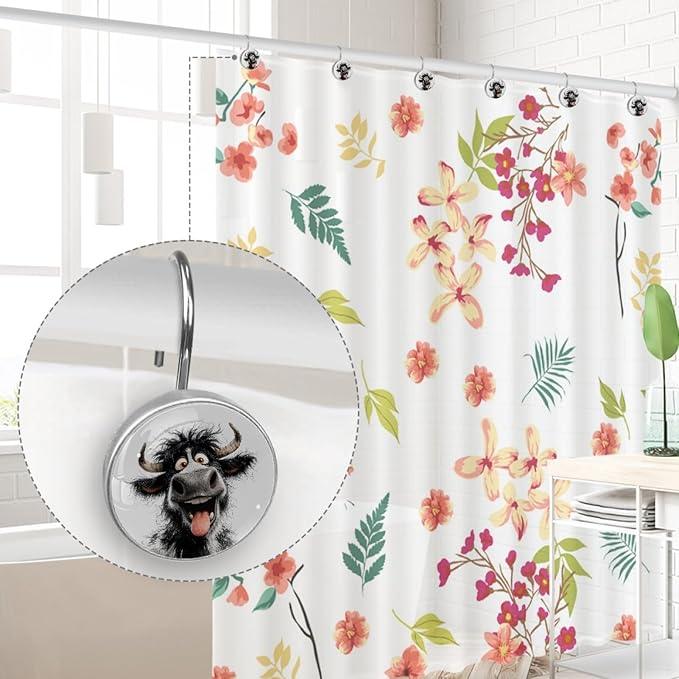 Laughing Highland Cow Rust Proof Shower Curtain Hooks 12Pcs for Bathroom Shower Rod, Decorative Shower Hooks Shower Curtain Hanger Rings Roller, Glass, Resin, Stainless Steel - ModernBath