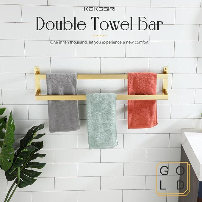 KOKOSIRI Bath Towel Bars Bathroom 2-Tiers Ladder Brushed Gold Towel Rails 32-Inch Towel Holders Wall Mounted Towels Shelves Rack Stainless Steel, B5008BG-L32 - ModernBath