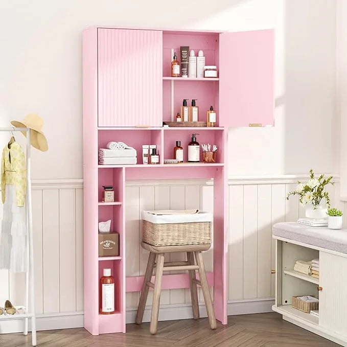31" W Over The Toilet Storage Cabinet with Fluted Door, Pink Bathroom Organizer with Adjustable Shelf, Toilet Paper Holder Stand Wave Door for Restroom, Laundry Room - ModernBath