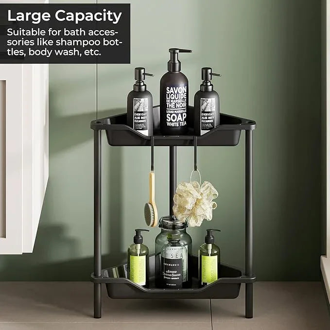 ODesign 2 Tier Floor Standing Corner Shower Caddy Organizer Plastic Metal Splicing Shelf Storage Rack for Bathroom Black - Rustproof - ModernBath