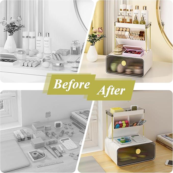 FOLLOWIN Bathroom Counter Organizers and Storage with Drawer,Cosmetic Organizer with Make Up Brush Holder,Perfume Makeup Shelf,3-Tier Vanity Storage,Smoky Gray - ModernBath
