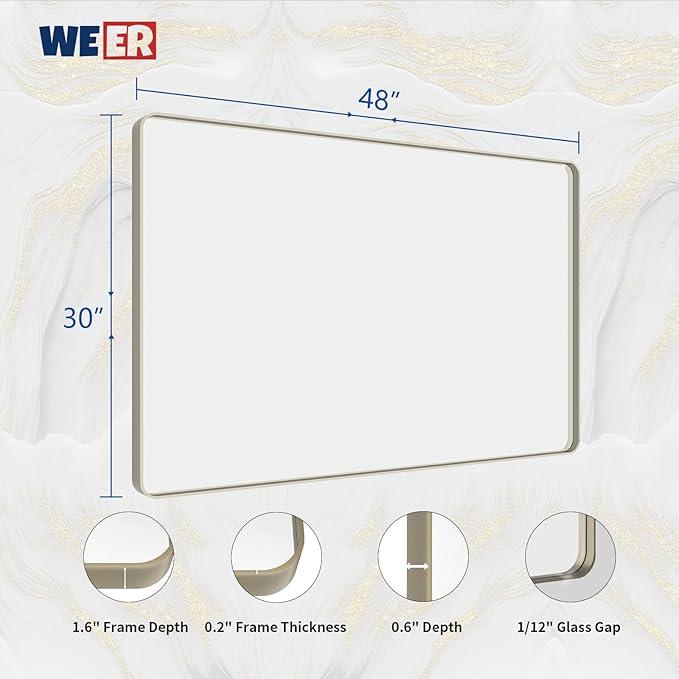 WEER 48X30 Inch Brushed Nickel Bathroom Mirror, Brushed Silver Metal Frame Mirror, Rounded Rectangle Silver Bathroom Vanity Mirror, Tempered Glass, Anti-Rust, Hangs Horizontally or Vertically - ModernBath