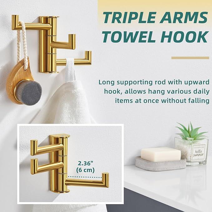 APLusee Swivel Towel Hook, 304 Stainless Steel Foldable Clothes Hook with Multi Three Rotating Arm, Flexible Bathroom Kitchen Storage Hanger Wall Mounted, Brushed Gold - ModernBath