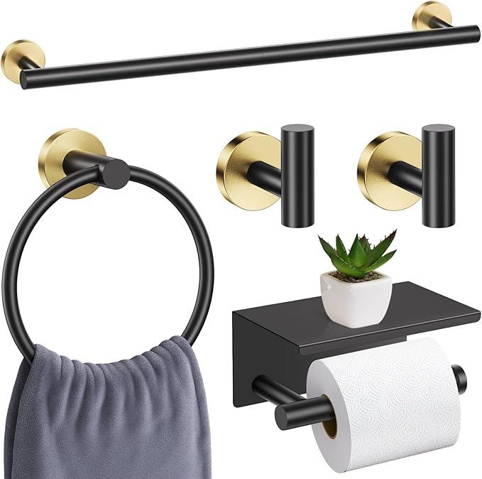 Black and Gold Bathroom Hardware Set, 5 Pieces Towel Bar Bathroom Accessories, Upgraded Toilet Paper Holder with Shelf Set, 23.6 Inch Towel Rack Towel Holder for Bathroom Wall - ModernBath