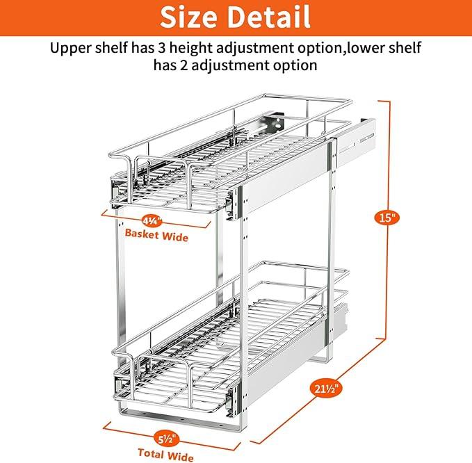 ROOMTEC Individual Pull Out Cabinet Organizer (5½"W x 21½"D), 2 Tier Spice Rack Organizer for Cabinet, Slide Out Drawer Pantry Shelf Organization and Storage for Kitchen Bathroom - ModernBath