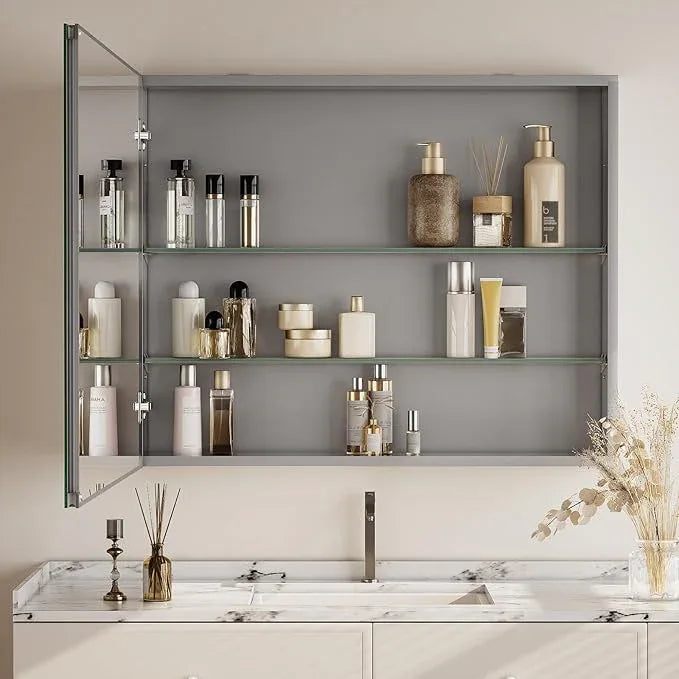 Bathroom Medicine Cabinet Mirror with Storage, 16 Inch x 24 Inch Silver Medicine Cabinet with Single Door & Adjustable Shelves for Vanity, Aluminum Surface, Wall-Mount or Recessed - ModernBath