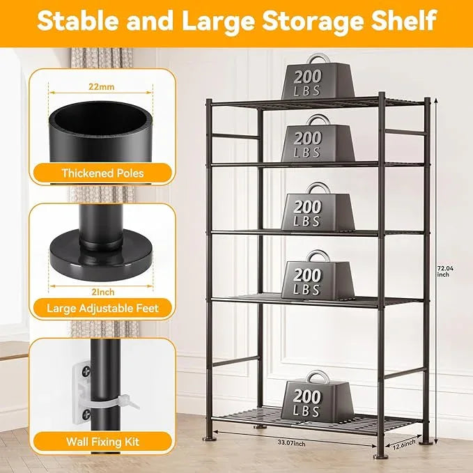 5 Tier Shelf Organizer Rack, Metal Shelving Unit with Adjustable Leveling Feet, Space-Saving Storage Shelves for Garage Closet Laundry Bathroom Kitchen Pantry, 33.07”Wx12.6”Dx72.04”H,Black - ModernBath