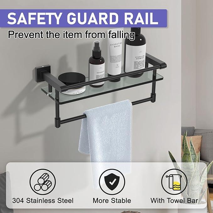 Glass Shelf for Bathroom 16 Inch Bathroom Shelves with Towel Bar, Tempered Glass Shelves with Stainless Steel Towel Holder for Wall Shelf Sink Over Toilet (Matte Black) - ModernBath
