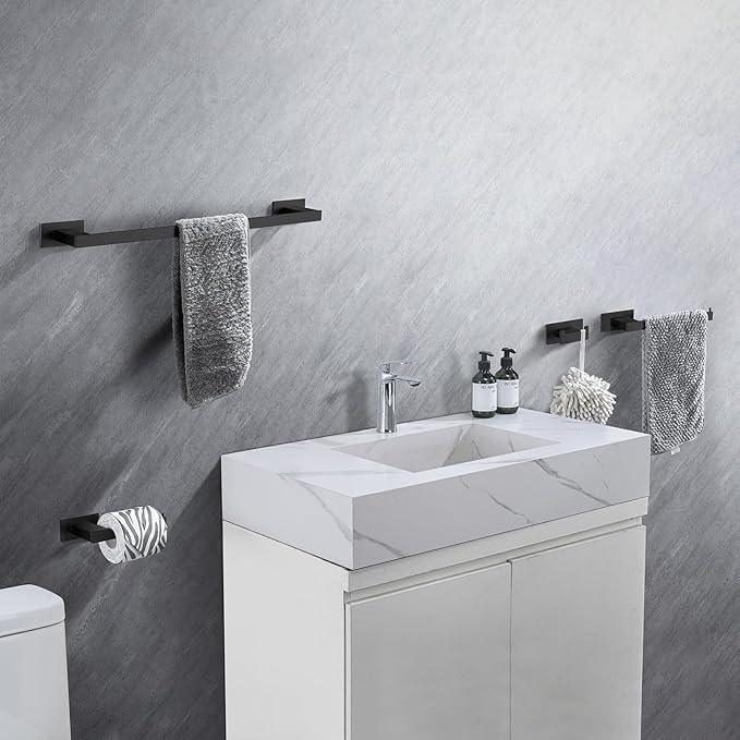 4-Pieces Bathroom Hardware Accessories Set, Towel Rack Towel Bar Toilet Paper Holder Towel Hook Self Adhesive Stainless Steel Towel Rack Set for Bathroom Wall Mounted, Matte Black 23 Inch - ModernBath