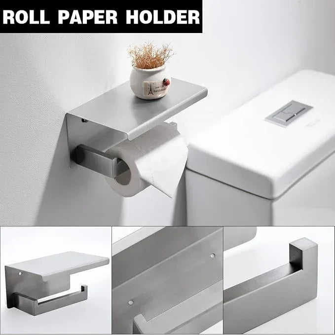 Brushed Nickel Bathroom Towel Bar Set Bathroom Accessories Hardware Set Including Towel Bar Towel Ring Coat Hook and Toilet Paper Holder with Shelf. Wall Mounted Stainless Steel - ModernBath
