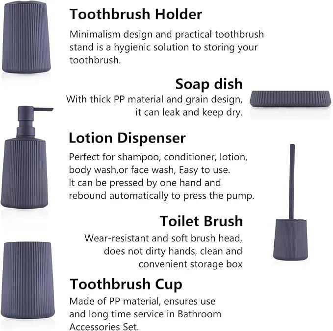 Liuonnam Bathroom Accessories Set 5-Piece Plastic Gift Set with Toilet Brush Holder, Toothbrush Holder, Toothbrush Cup, Soap Dispenser, Soap Dish(Black) - ModernBath