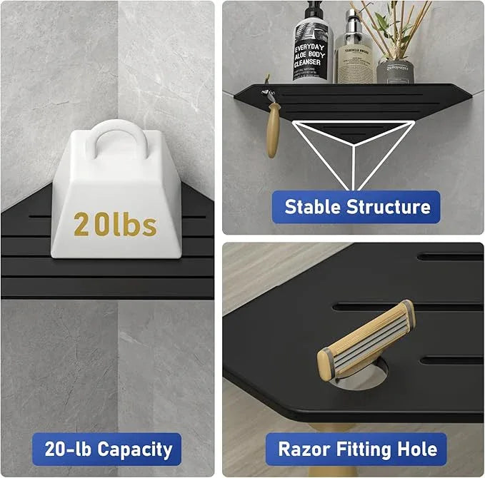 Corner Shower Shelves, Pentagonal Grout in Shelf w/Razor Holding Hole, 304 Stainless Steel Bathroom Shelf (Matte Black) - ModernBath