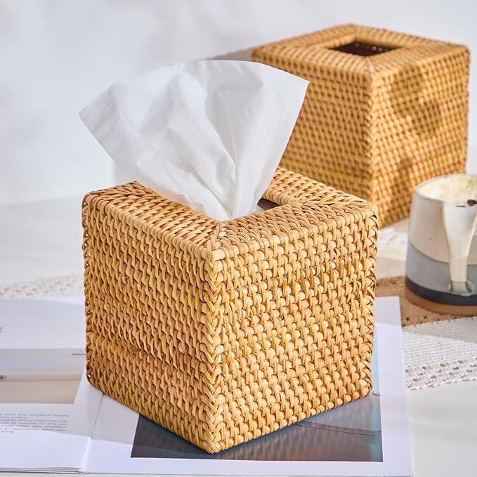 Hand-Woven Rattan Tissue Box Cover, Square Wicker Tissue Holder, Natural Woven Facial Napkin Holder - ModernBath