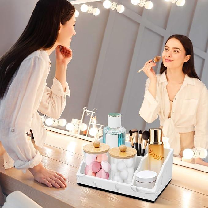 Bathroom Counter Organizer, White Marble Toothbrush Holders for Bathrooms with 2PCS Qtip Holder, Bathroom Organizer Countertop Toothbrush and Toothpaste Holder for Makeup Organizer for Vanity - ModernBath