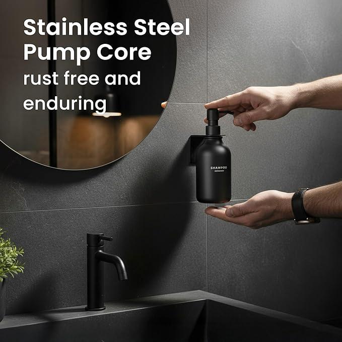 MaisoNovo Shampoo and Conditioner Dispenser - Shower Soap Dispenser Wall Mounted - 16.9 fl oz Set of 1 Black Plastic Bottles Black Pump - 1 Chamber No Drill - ModernBath